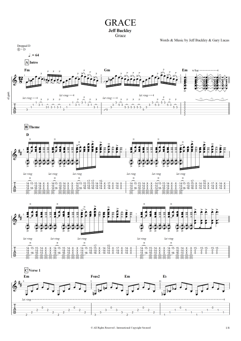 Partitions pour Tablature Guitare Symboles dAccords Jeff Buckley Grace And Other Songs 
