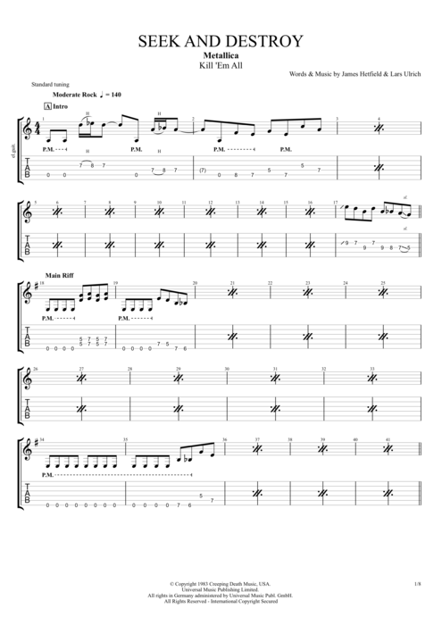 Seek and Destroy - Metallica, the best guitar pro tabs and music sheets for...
