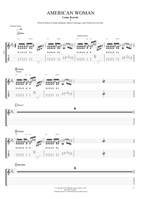 American Woman by Lenny Kravitz - Full Score Guitar Pro Tab
