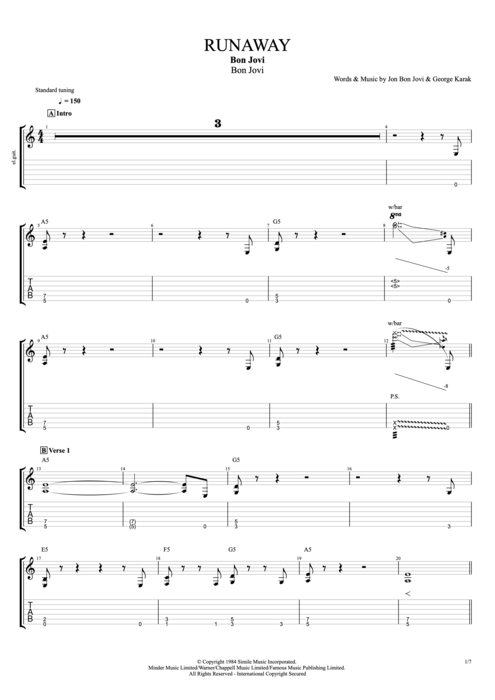 Runaway by Bon Jovi - Full Score Guitar Pro Tab ...