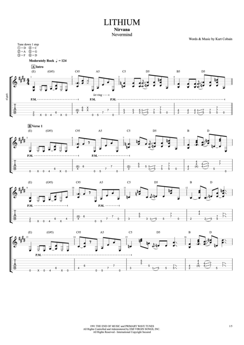 Lithium - Nirvana, the best guitar pro tabs and music sheets for guitar, ba...