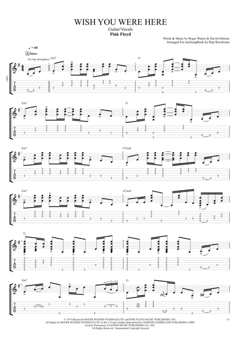 Wish You Were Here By Pink Floyd Guitar Vocals Guitar Pro Tab Mysongbook Com