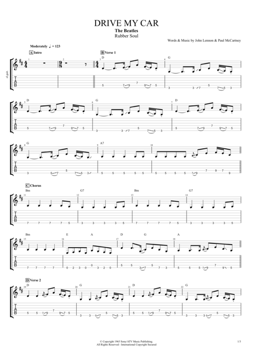 Drive My Car by The Beatles - Full Score Guitar Pro Tab | mySongBook.com