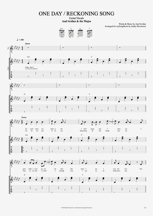 One Day / Reckoning Song by Asaf Avidan - Guitar/Vocals Guitar Pro Tab
