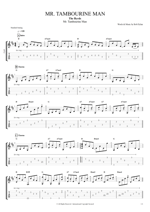 Mr Tambourine Man By The Byrds Full Score Guitar Pro Tab Mysongbook Com
