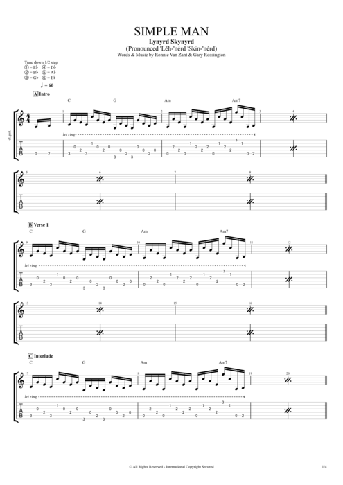 Simple Man By Lynyrd Skynyrd Full Score Guitar Pro Tab Mysongbook Com