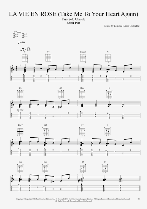 La vie en rose (Take Me To Your Heart Again) by Edith Piaf - Solo Ukulele Guitar Pro Tab ...
