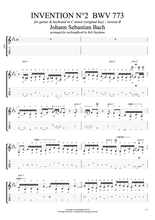 Invention n°2 BWV 773 in C Minor (Version B) - Johann Sebastian Bach tablature