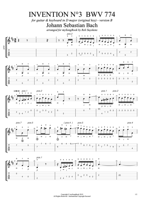 Invention n°3 BWV 774 in D Major (Version B) - Johann Sebastian Bach tablature