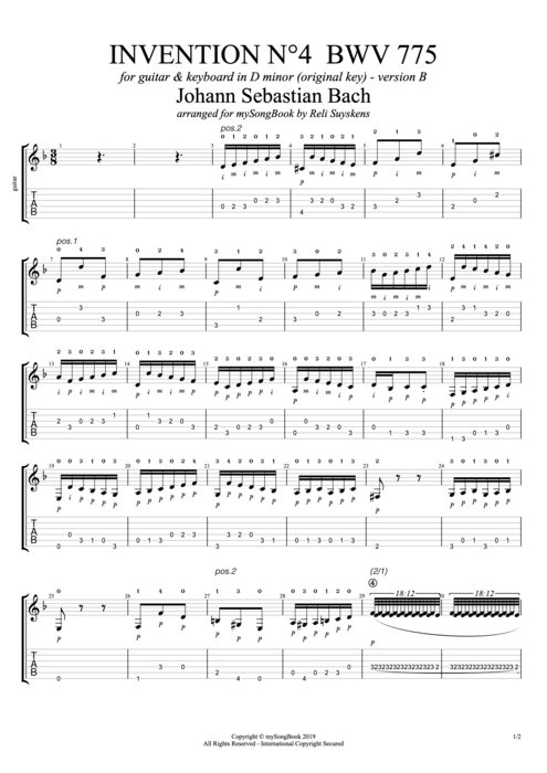 Invention n°4 BWV 775 in D Minor (Version B) - Johann Sebastian Bach tablature