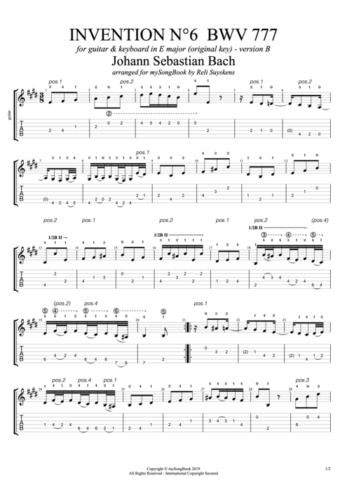 Invention N°6 BWV 777 in E Major (Version B) - Johann Sebastian Bach tablature