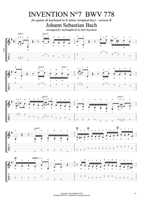 Invention N°7 BWV 778 in E Minor (Version B) - Johann Sebastian Bach tablature