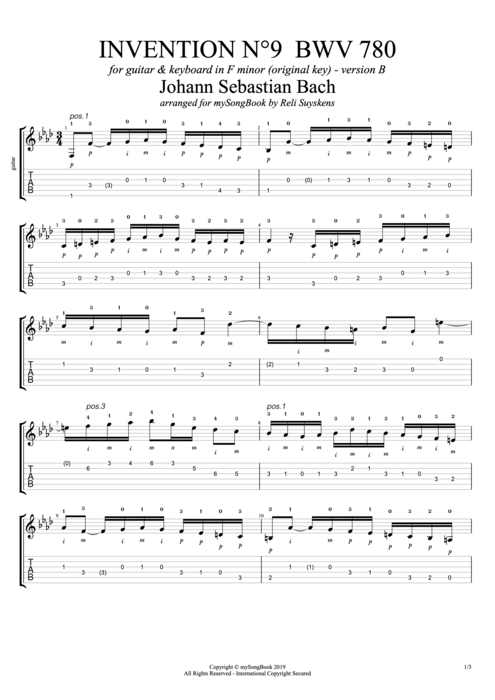 Invention N°9 BWV 780 in F Minor (Version B) - Johann Sebastian Bach tablature