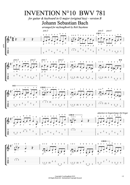 Invention N°10 BWV 781 in G Major (Version B) - Johann Sebastian Bach tablature