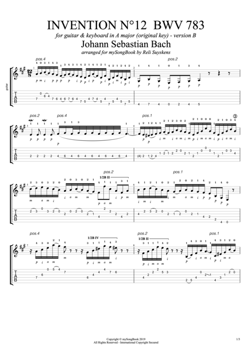 Invention N°12 BWV 783 in A Major (Version B) - Johann Sebastian Bach tablature