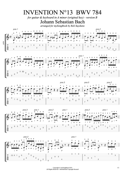 Invention N°13 BWV 784 in A Minor (Version B) - Johann Sebastian Bach tablature