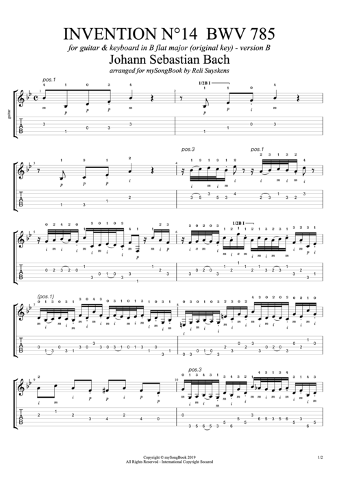Invention N°14 BWV 785 in Bb Major (Version B) - Johann Sebastian Bach tablature