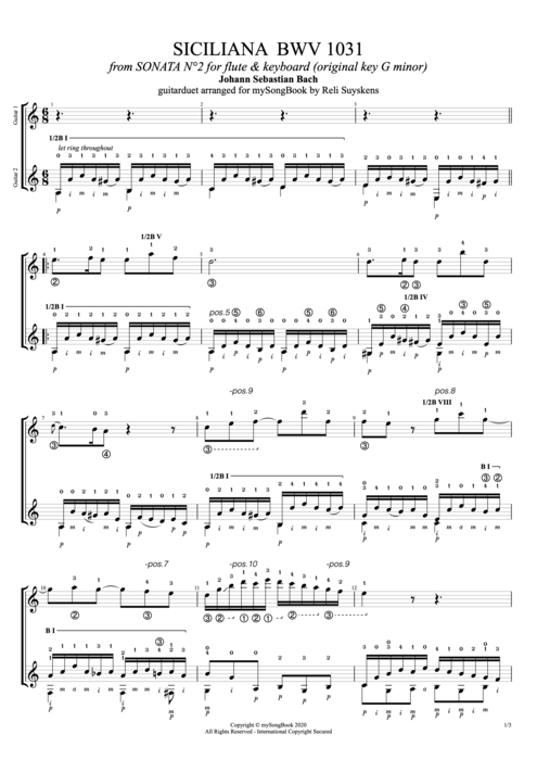 Siciliana BWV 1031 in A Minor - Johann Sebastian Bach tablature