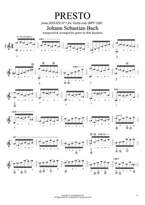 BWV 1001 Presto - Johann Sebastian Bach tablature