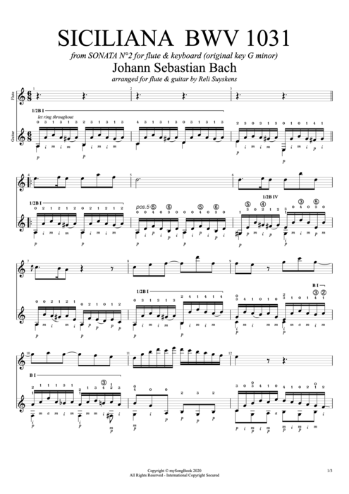 BWV 1031 in A Minor Siciliana - Johann Sebastian Bach tablature