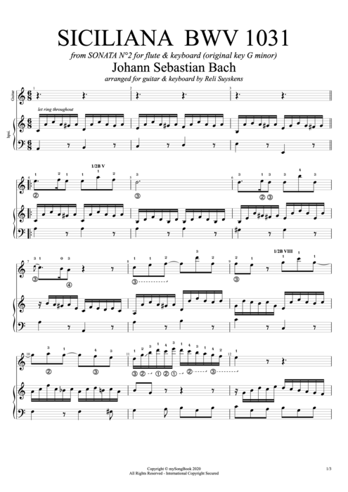 BWV 1031 in A Minor Siciliana - Johann Sebastian Bach tablature