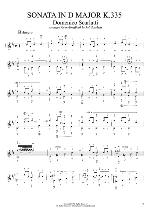 Sonata K.335 in D Major - Domenico Scarlatti tablature