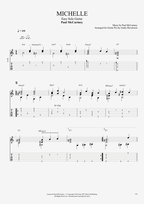 Michelle by The Beatles - easy Solo Guitar Guitar Pro Tab | mySongBook.com