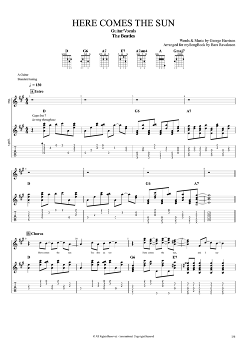 Here Comes the Sun - The Beatles tablature