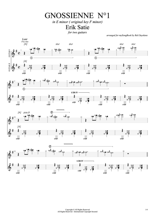 Gnossienne N°1  - Erik Satie tablature