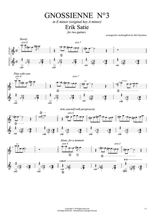 Gnossienne N°3  - Erik Satie tablature