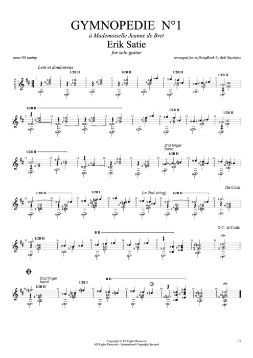 Gymnopédie n°1 in D - Erik Satie tablature
