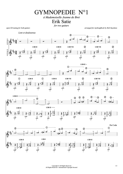 Gymnopédie n°1 in D (Guitar Duet) - Erik Satie tablature