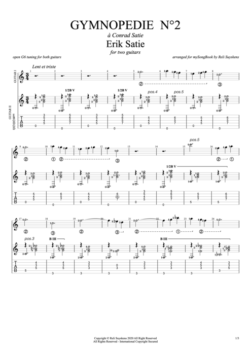 Gymnopédie n°2 in C - Erik Satie tablature