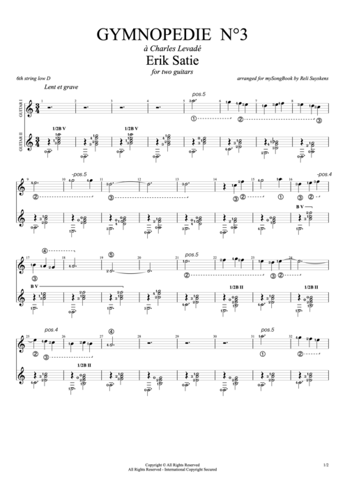 Gymnopédie n°3 in A (Guitar Duet) - Erik Satie tablature