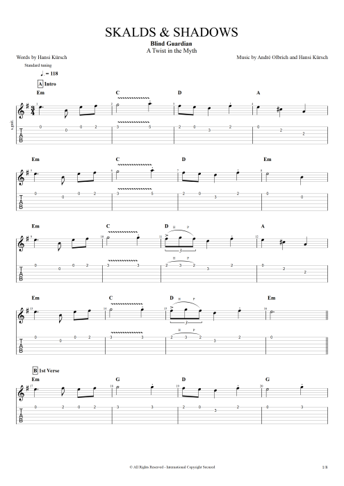 Skalds and Shadows - Blind Guardian tablature