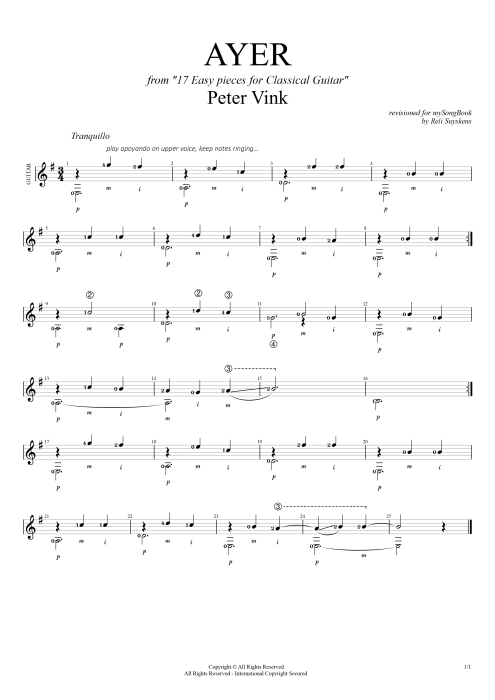 Ayer (from 17 easy pieces for classical guitar) - Peter Vink tablature