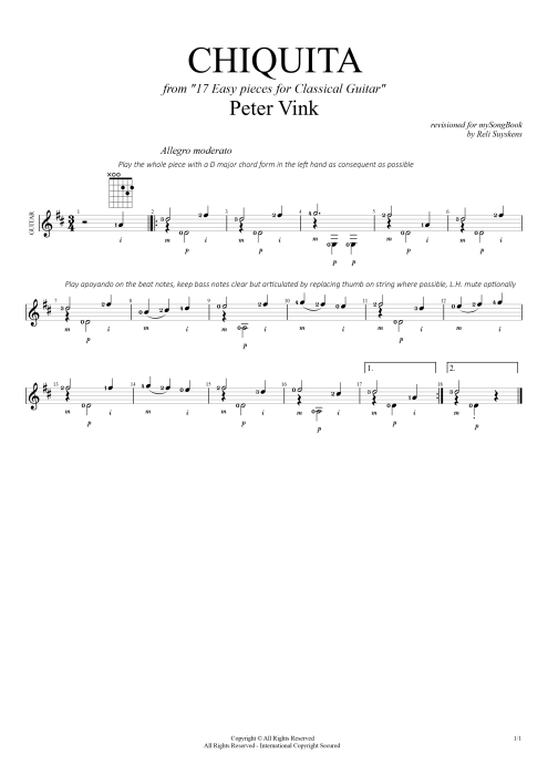 Chiquita (from 17 easy pieces for classical guitar) - Peter Vink tablature