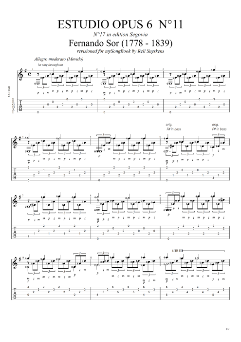Estudio Opus 6 n°11 - Fernando Sor tablature