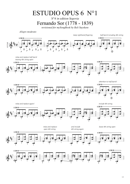 Estudio Opus 6 n°1 - Fernando Sor tablature