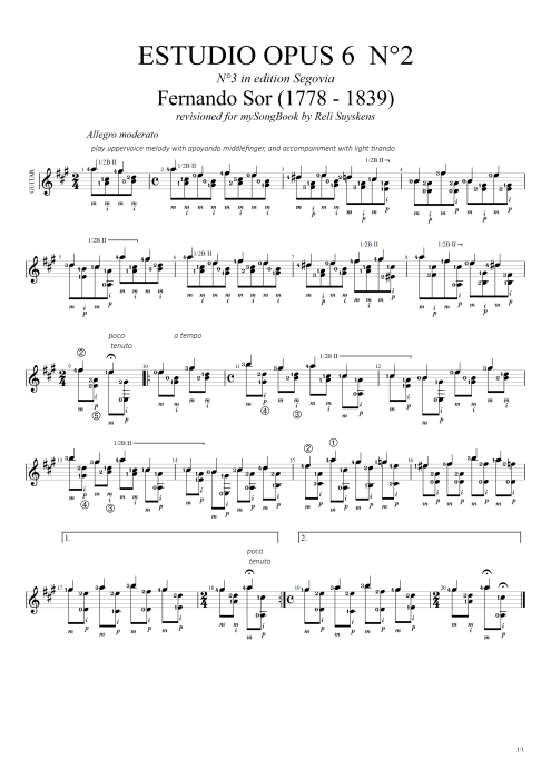 Estudio Opus 6 n°2 - Fernando Sor tablature