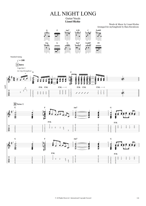 All Night Long - Lionel Richie tablature