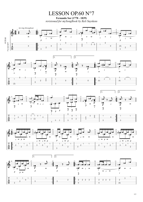 Lesson Opus 60 n°7 - Fernando Sor tablature