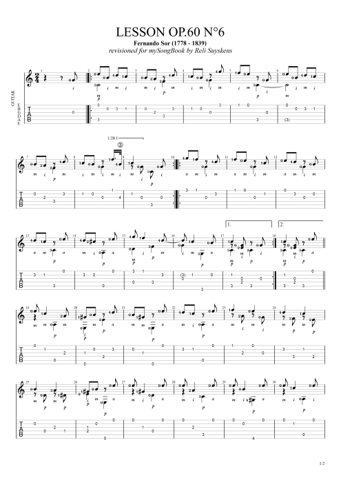 Lesson Opus 60 n°6 - Fernando Sor tablature