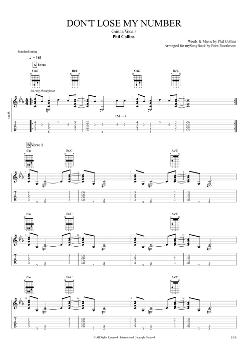 Don't Lose My Number - Phil Collins tablature