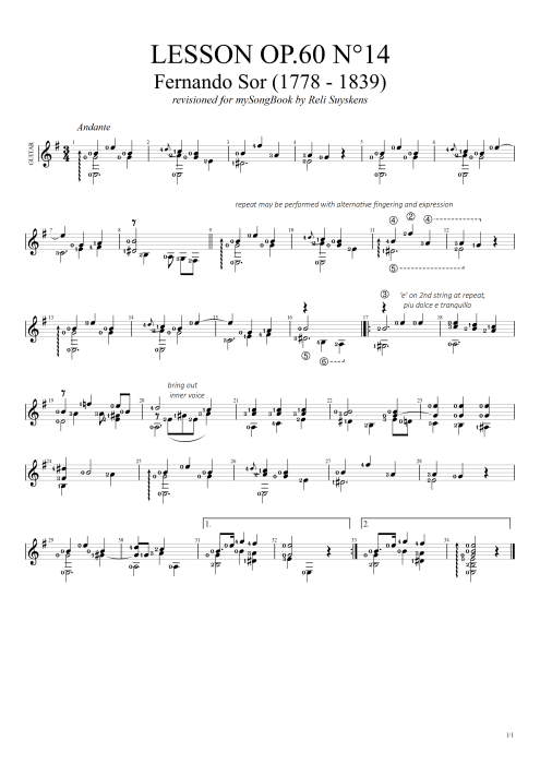 Lesson Opus 60 n°14 - Fernando Sor tablature