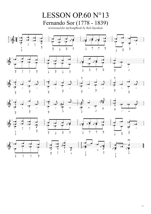 Lesson Opus 60 n°13 - Fernando Sor tablature