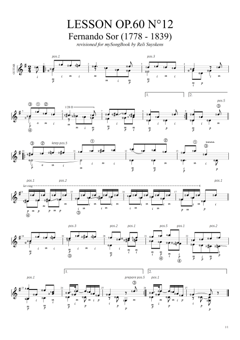 Lesson Opus 60 n°12 - Fernando Sor tablature