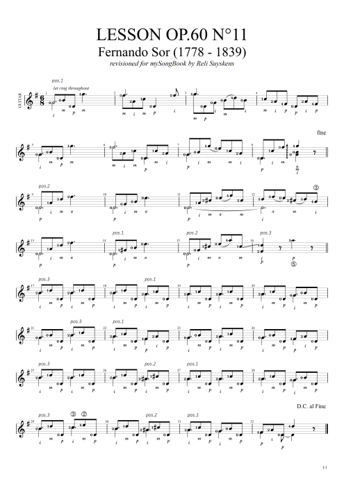 Lesson Opus 60 n°11 - Fernando Sor tablature