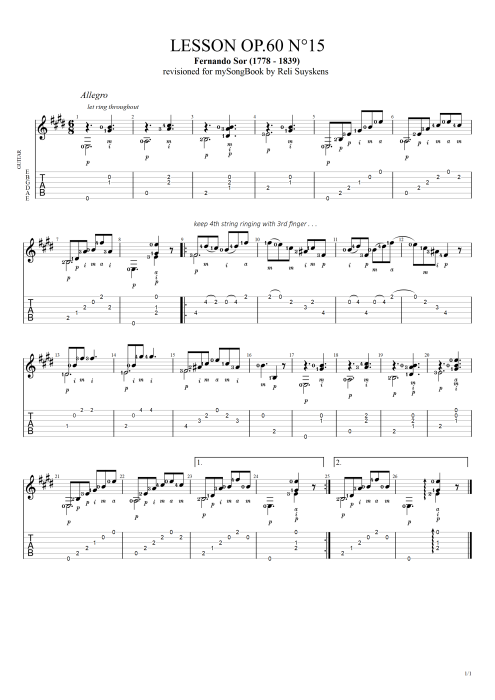 Lesson Opus 60 n°15 - Fernando Sor tablature