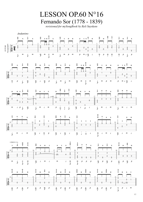 Lesson Opus 60 n°16 - Fernando Sor tablature
